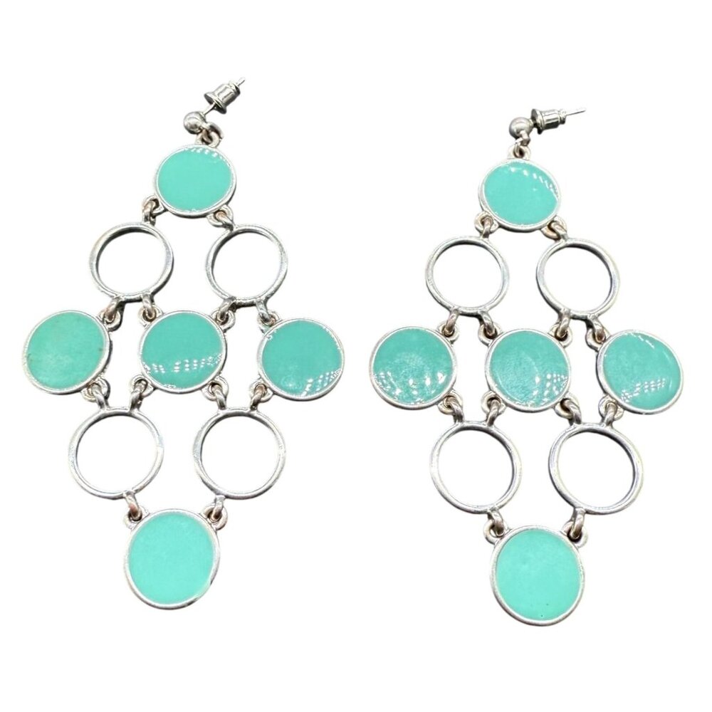 Blue Green Enamel Circle Dangle Drop Earrings Boho Chic